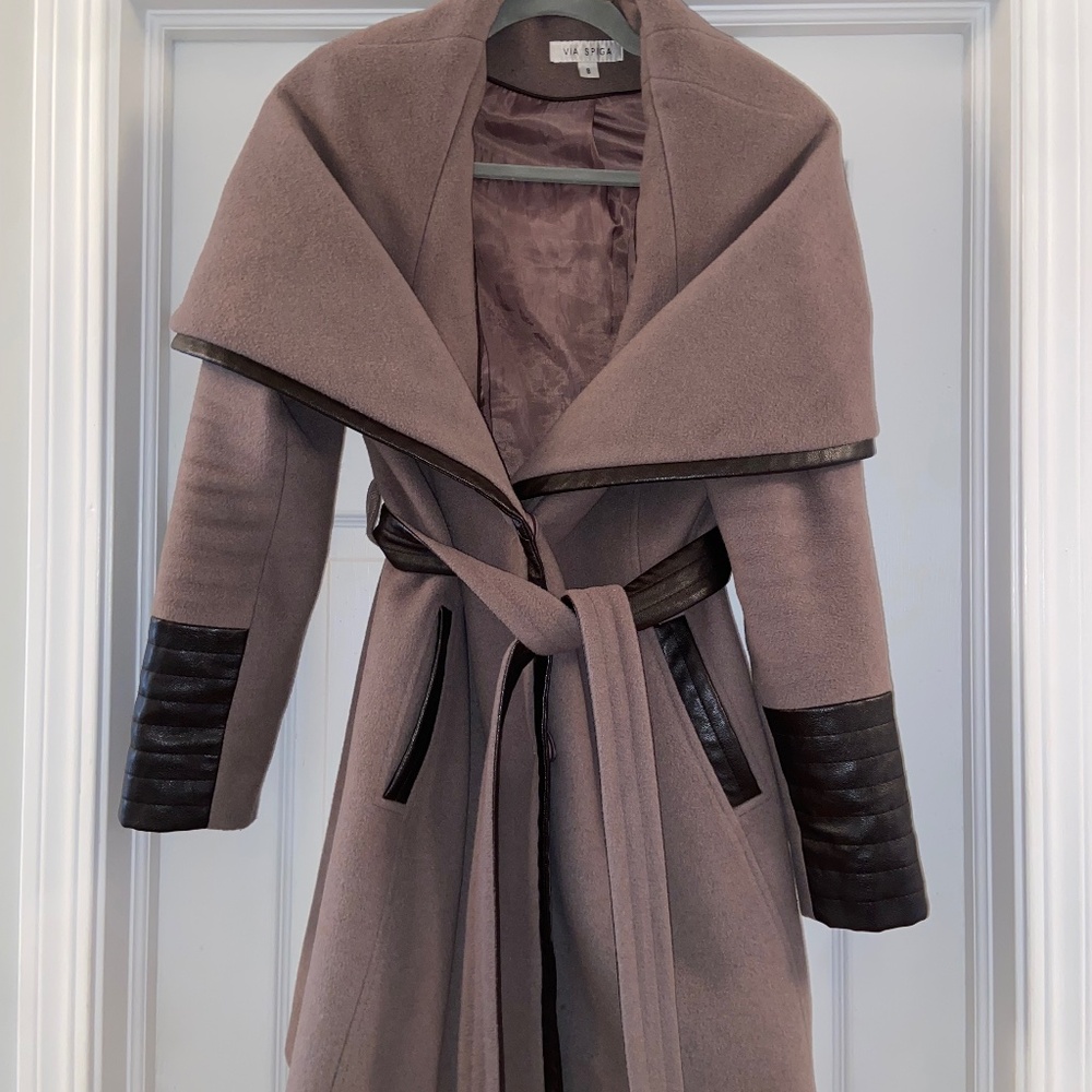 Via Spiga Wool Coat with Leather Cuff Detail and Hood